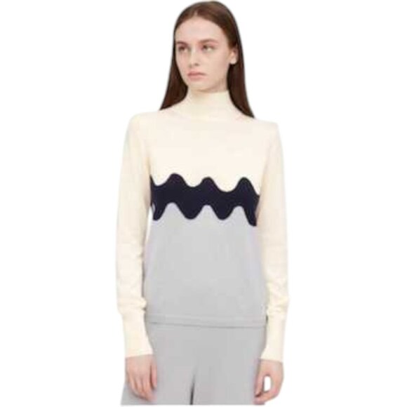 Marimekko Uniqlo Cream Black Gray Mock Neck Long Wool Blend Sweater - Picture 1 of 9